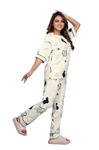 Image of Women's Pajama Set with Top & Pants|| Korean Night Wear|| Loose Fit Home Wear || Lightweight Printed Set || Soft & Comfy Girls & Women