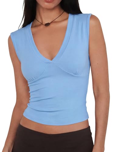 Women Deep V Neck Tops Sexy Polka Dots Sleeveless Crop Top Stretchy Going Out Tank Top Summer Clothes Blue