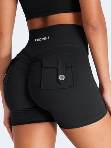 YEOREO CoreFlex Scrunch Workout Shorts with Pockets for Women 4.5" High Waisted Cargo Gym Biker Shorts Tummy Control Yoga4