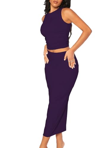 Image of Bdwinz Women's Casual 2 Piece Dress Round Neck Tank Top Bodycon Midi Skirt Dress Set