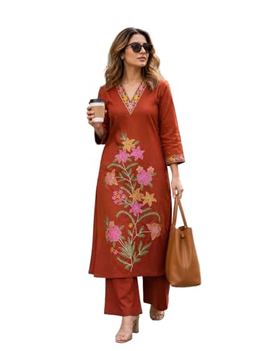 Berrylicious Women Rust Cotton Embroidered Kurta With Palazzo | Co-ords Set | Kurta Pant For Women Deal
