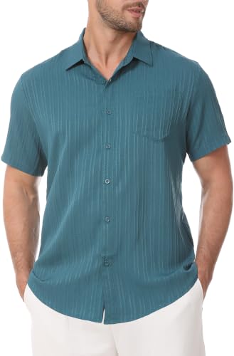 Zyvrenix Mens Short Sleeve Button Down Textured Shirts Peacock Green M - image 1