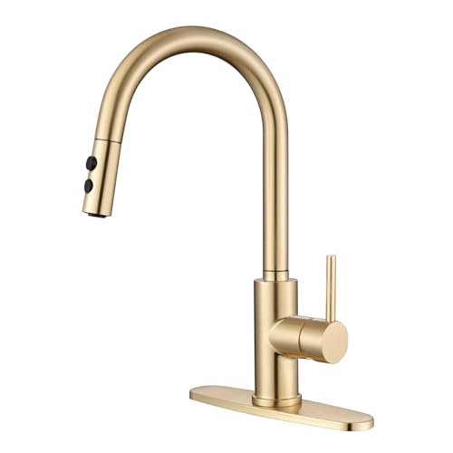 RULIA Kitchen Faucet, Kitchen Sink Faucet, Sink Faucet, Pull-Down Kitchen Faucets, Bar Kitchen Faucet, Brushed Brass, Metal Spray Head, RB1068