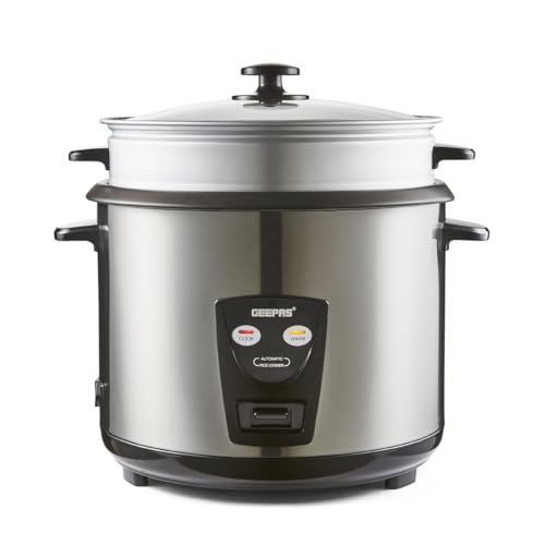 GEEPAS 2.8L Rice Cooker with Steamer | Keep Warm Function | Automatic Cooking Non-Stick Inner Pot | Make Rice & Steam Healthy Vegetables | Includes Measuring Cup, Spatula & Tempered Lid | 1000W Silver