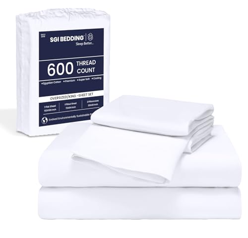 Image of SGI Bedding 108 inch W x 108 inch L 4Pc Alaskan King Sheet Set 100% Egyptian Cotton - 600 Thread Count, Fits 12 inch Deep Pocket - Soft Breathable Oversized Sheets, for Extra Large Beds - White