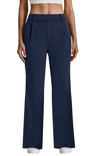 SEAJOJO Dress Pants Women High Waisted, Straight Business Casual Trousers Stretchy Work Slacks with Pockets Navy Blue