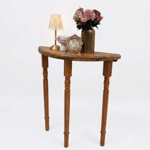 Image of Half Moon Console Table with Storage | Narrow Wooden Entryway Accent Table | Solid Semi-Circle Design for Living Room, Hallway, Foyer, Entrance Dark Teak Finish Small Size (70cm /27.5in)