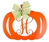 Pumpkin Door Hanger | Initial Halloween Wreath | Orange Brown Green Bow