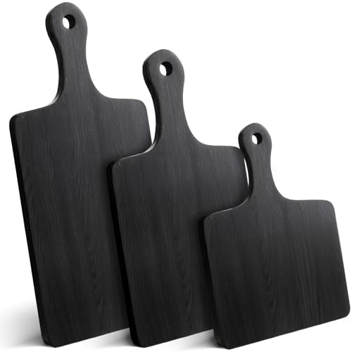 Geetery 3 Pcs Black Cutting Boards for Kitchen, Large Acacia Wood Cutting Board Set Charcuterie Chopping Kitchen tool with Handle, 16.5 x 6.7'', 14 x 6.7'', 9.8 x 6.7''