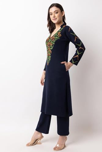 Image of Rosary Women's Woolen Winter Embroidered Kurta with Palazzo | Warm Ethnic Suit Set - 2 Piece Outfit