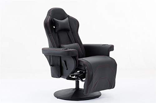 Racing Style Gaming Recliner, Steel Frame Reclining Gaming Chair with Swivel & Cup Holder & Adjustable Headrest & Lumbar Support (Black)