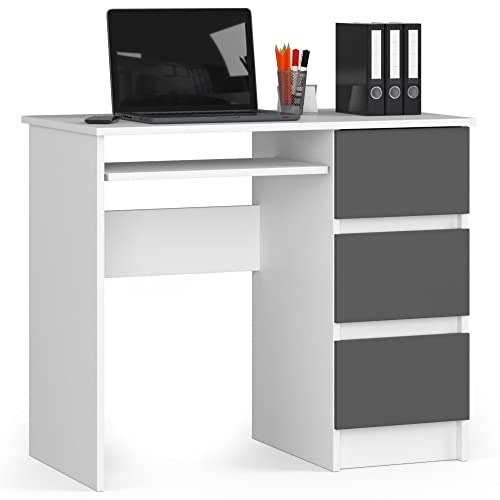 AKORD | Scrivania A-6 con Ripiano per Tastiera | Office Desk | 3 Cassetti a Destra | Scrittoio per Ufficio | Per Computer PC Laptop | 90x77x50 cm | 30 kg bianco/grigio grafite