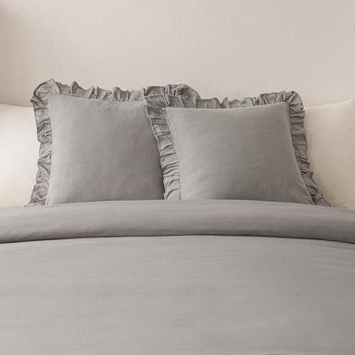 Image of Foindtower Set of 2 Decorative Linen Fringe Ruffle Throw Pillow Covers Soft Boho Farmhouse Cushion Cover Cozy Accent Retro Pillowcase for Couch Sofa Bed Living Room Home Decor,18x18 Inch,Taupe Gray