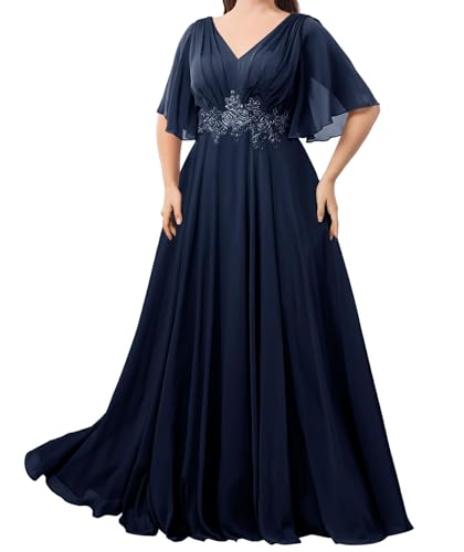 Short Sleeve Mother of The Bride Dresses Plus Size Chiffon Appliques Formal Evening Dress with Pocket