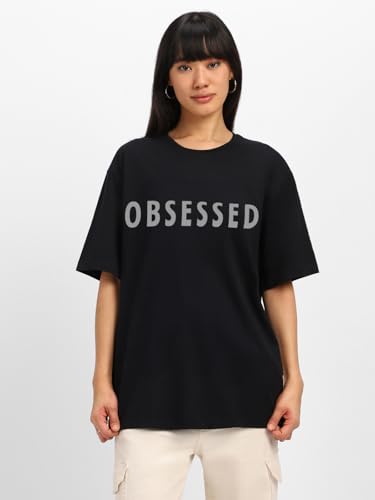 Image of JUNEBERRY Women's Casual Pure Cotton Black Printed Round Neck, Longline Drop Shoulder Loose Oversized T-Shirt |Oversized Tshirt for Women /Girl (Color: Black Available in Various Designs)