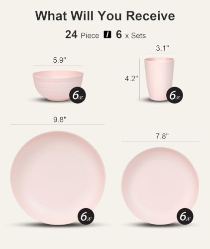 Image of Quatish 24 Piece Plates and Bowls Sets for 6, Unbreakable Dinnerware Sets, Plastic Dish Set for Camping, Dishwasher Microwave Safe, Outdoor Kitchen and Apartment Dorm Dinning RV Essentials, Pink