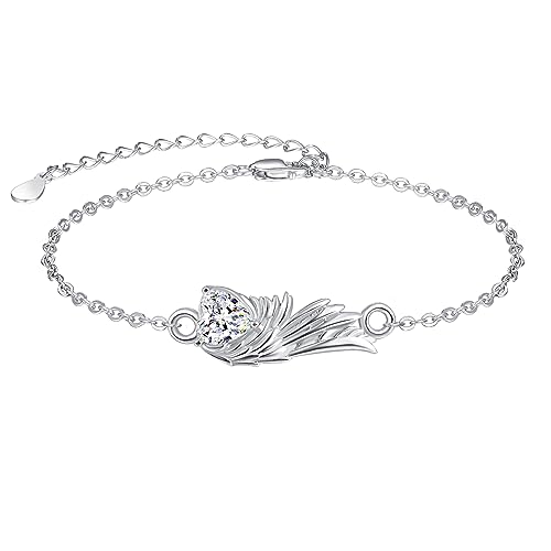 Image of KINGWHYTE Angel Wings Bracelet for Women 925 Sterling Silver Adjustable Guardian Wing Bracelet with Heart Cubic Zirconia Feather Jewellery Gifts Girls Lady