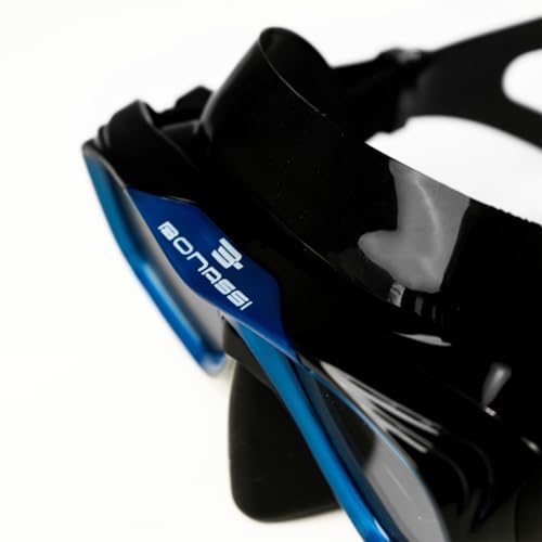 Bonassi Juno Diving Mask Black/Blue 100% Hypoallergenic Silicone, Enhanced Vision with Clear & Wide Field, Durable for Heavy Use