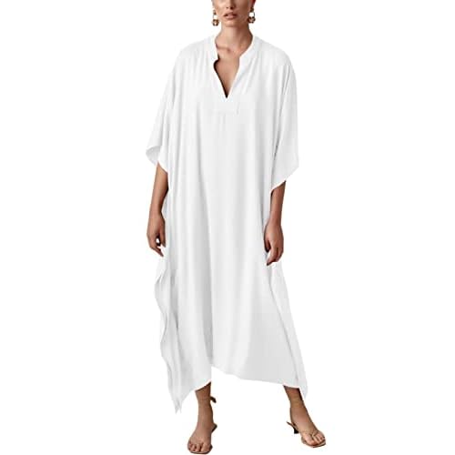 Bsubseach Women Kaftan Dresses Caftan Loungewear Maxi Dress Swimsuit Cover Up Beachwear B-white