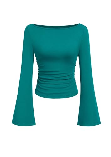 PRETTYGARDEN Womens Long Sleeve Shirts 2026 Spring Crop Going Out Tops Casual Boat Neck Bell Sleeve Ribbed Ruched Y2K Clothes (Dark Cyan,X-Small)