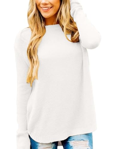 MEROKEETY Women's 2025 Fall Long Sleeve Oversized Crew Neck Solid Color Knit Pullover Sweater Tops, White S