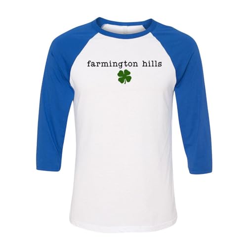 TeesAndTankYou Farmington Hills Shamrock Three-Quarter Raglan Sleeve Baseball Shirt Unisex X-Large White/Royal