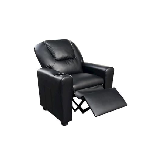 Image of Furnifact Marisa Black PU Leather Youth Recliner with Cupholder for Kids 142 inch Seat Height 14 inch Width 106 inch Depth
