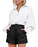 BTFBM Women Satin Blouses Summer Fall Clothes Button Down Lantern Long Sleeve Shirts Work Business Casual Dressy Tops(White, X-Large)