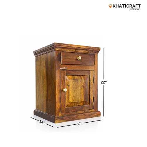 Image of Solid Sheesham Wood Nitya Bedside Table with Drawer and Door Storage for Bedroom | Wooden Nightstand Side Table for Living Room Home and Hotels | Honey Finish