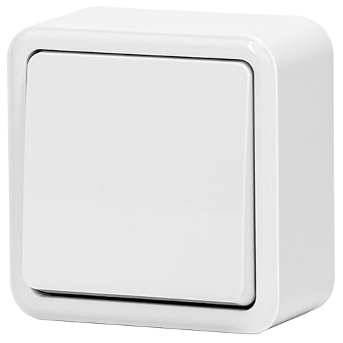 Interruptor de montaje en superficie, 1 vía, 1 llave, color blanco; ideal para controlar la iluminación en espacios interiores.