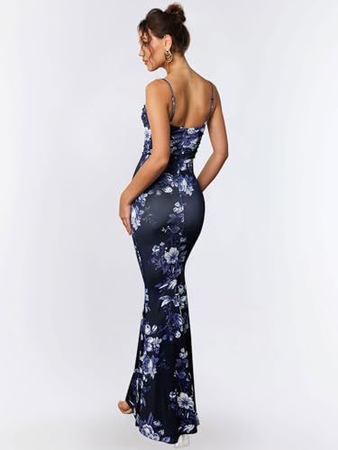 Eynmin Women'S Floral Print Corset Maxi Dress Sleeveless Bodycon Spaghetti Strap Ruched Elegant Evening Party Long Dresses Navy Print L thumb #1
