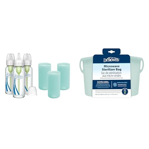 Dr. Brown's Anti-Colic Options+ Narrow Glass Baby Bottles 8oz and Level 1 Slow Flow Nipple, 3-Pack 0m+ and Mint Silicone Sleeves and Microwave Reusable Steam Sterilizer 100% Silicon Bag