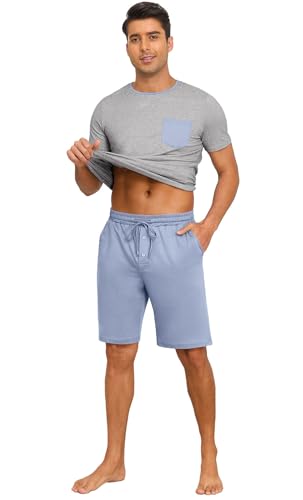 Image of PrinStory Mens Summer Pajamas Set Lightweight Pjs Sets Short Sleeve Pajama Shorts Set Soft Sleepwear Loungewear with Pockets