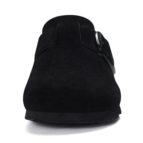 KIDMI Genuine Suede Clogs for Women Memory Foam Cork Footbed Potato Shoes Slip On Leather Mules with Big Buckle