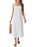 FIOPHY 100% Linen Dress Square Neck Sleeveless Spaghetti Strap Summer Casual Midi Dresses with Slit - White M