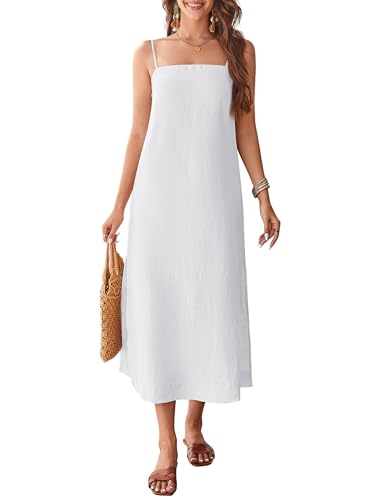 FIOPHY 100% Linen Dress Square Neck Sleeveless Spaghetti Strap Summer