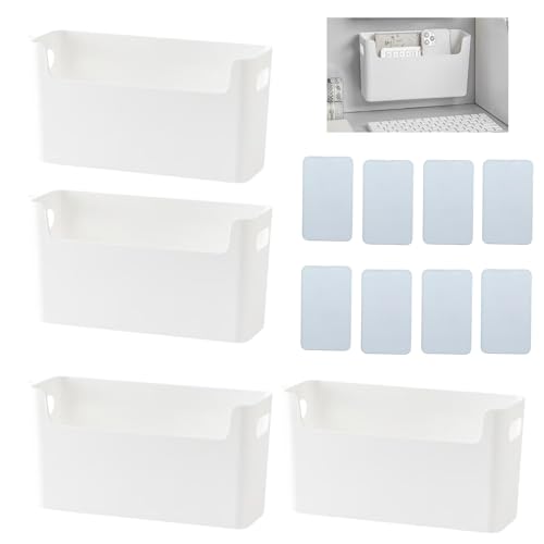 EURXLQ 4 Stück Weiß Aufbewahrungsbox Kunststoff mit Klebeband,25×8×13.5 cmEng Aufbewahrung Klein Aufbewahrungskorb Boxen Organizer Box Körbe Aufbewahrung für Küchen Badezimmer