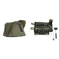 Lucx® Coon Karpfenzelt 2 Personen Angelzelt Bivvy Zelt & ® Heringe-Set 14-TLG. inkl. Gummihammer und Tasch für Bivvy Erdnägel Zeltnägel für Angelzelte T - Pegs für Karpfenzelte