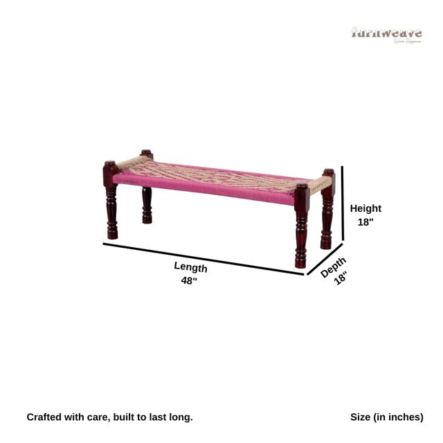 Image of Wooden Bench for Seating | Handcrafted Sheesham Wood Bench for Living Room, Balcony & Garden | Traditional Patio for Outdoor with Cotton Handwoven Rope | Beige and Pink