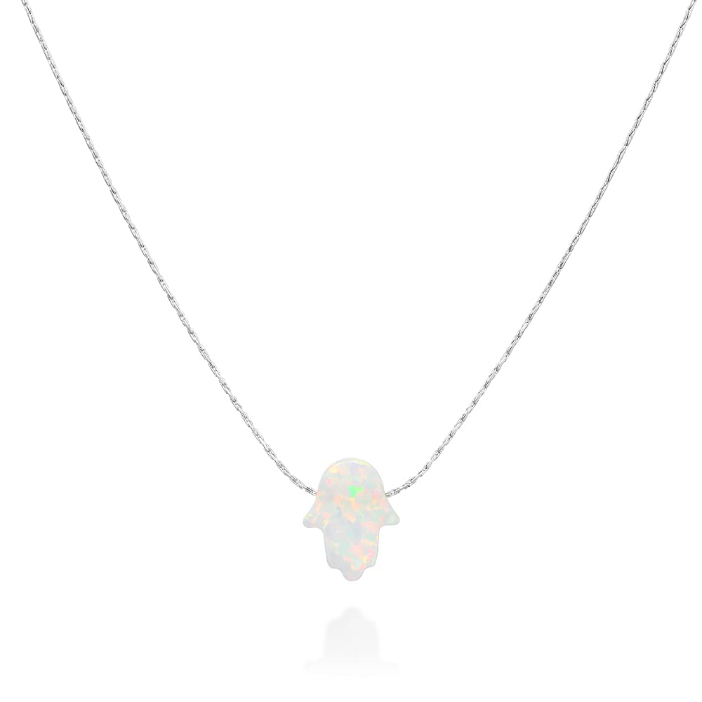 Delicate Sterling Silver Opal Hamsa Choker Necklace - Delicate Thin Silver Chain with Sparkling White Opal Hand Charm for Modern Protection (White, Sterling Silver)