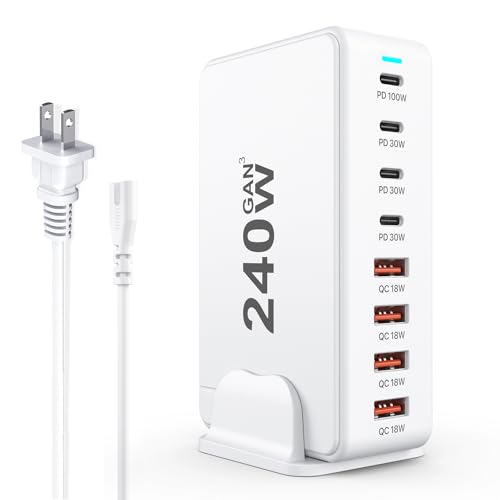USB C Charger, 240W GaN 8 Port USB Fast Block, PD100W Multi-Port Charging Station, Power Adapter Plug for Samsung/iPhone/Google, Laptop Charger for MacBook Pro/Air