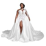 Long Sleeve Satin Wedding Dresses Mermaid One Shoulder Beaded Appliques Slit Bridal Gowns Plus Size Bridal Wedding Ball Gown White