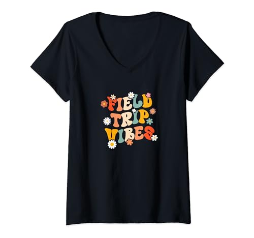 Femme Amusant Field Trip Squad School Trip Teacher Field Trip Vibes T-Shirt avec Col en V