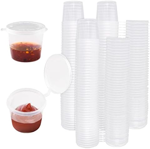 QUACOWW 150*25ml Round Food Container Pots with Lids, Reusable Plastic Conjoined Sauce Box with Lid Restaurants Takeaways Containers for Small Dips Sauce Chutney Ketchup Salads (1oz)