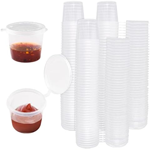 QUACOWW 150*25ml Round Food Container Pots with Lids, Reusable Plastic Conjoined Sauce Box with Lid Restaurants Takeaways Containers for Small Dips Sauce Chutney Ketchup Salads (1oz) Cover