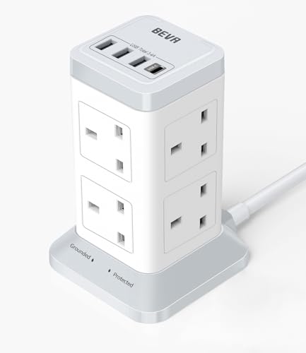 Tower Extension Lead with USB Slots, BEVA 8 Way Extension Socket with 3 USB-A and 1 USB-C Ports, 2100J Surge Protected Extension Plug Tower with Switch 2M Cable(13A 3250W) for Home, Office