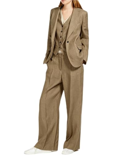 Mrjitor Women's Linen Suit Three Pieces Single Breasted Button Jacket & Vest & Pants for Casual Party Dark Khaki