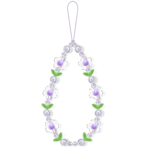 TACOMEGE Flower Phone Lanyard Wrist Strap for Women Girls, Clear Beaded Flower Cell Phone Charm for iPhone (Purple)