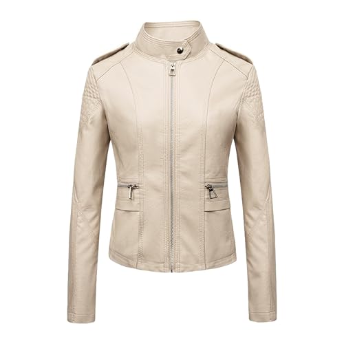 Manteau court similicuir femme confortable veste ajustée beige XXL
