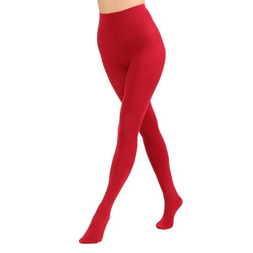 Paralinda Womens 80 Denier Solid Color Opaque Tights High Waist Footed Pantyhose (Red Dahlia S/M)